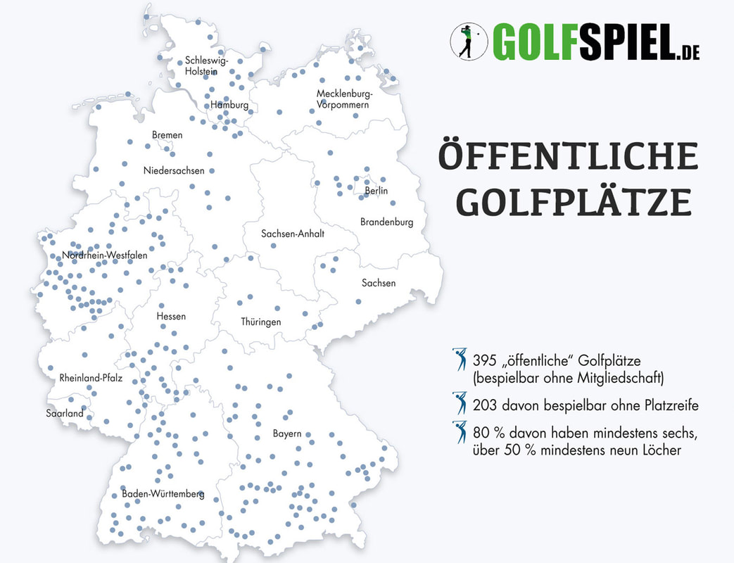 Karte Öffentliche Golfplätze in Deutschland ohne Mitgliedschaft oder Platzreife bespielbar.